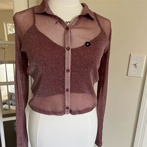 Sheer Burgundy Glitter Button-Up Blouse Size M